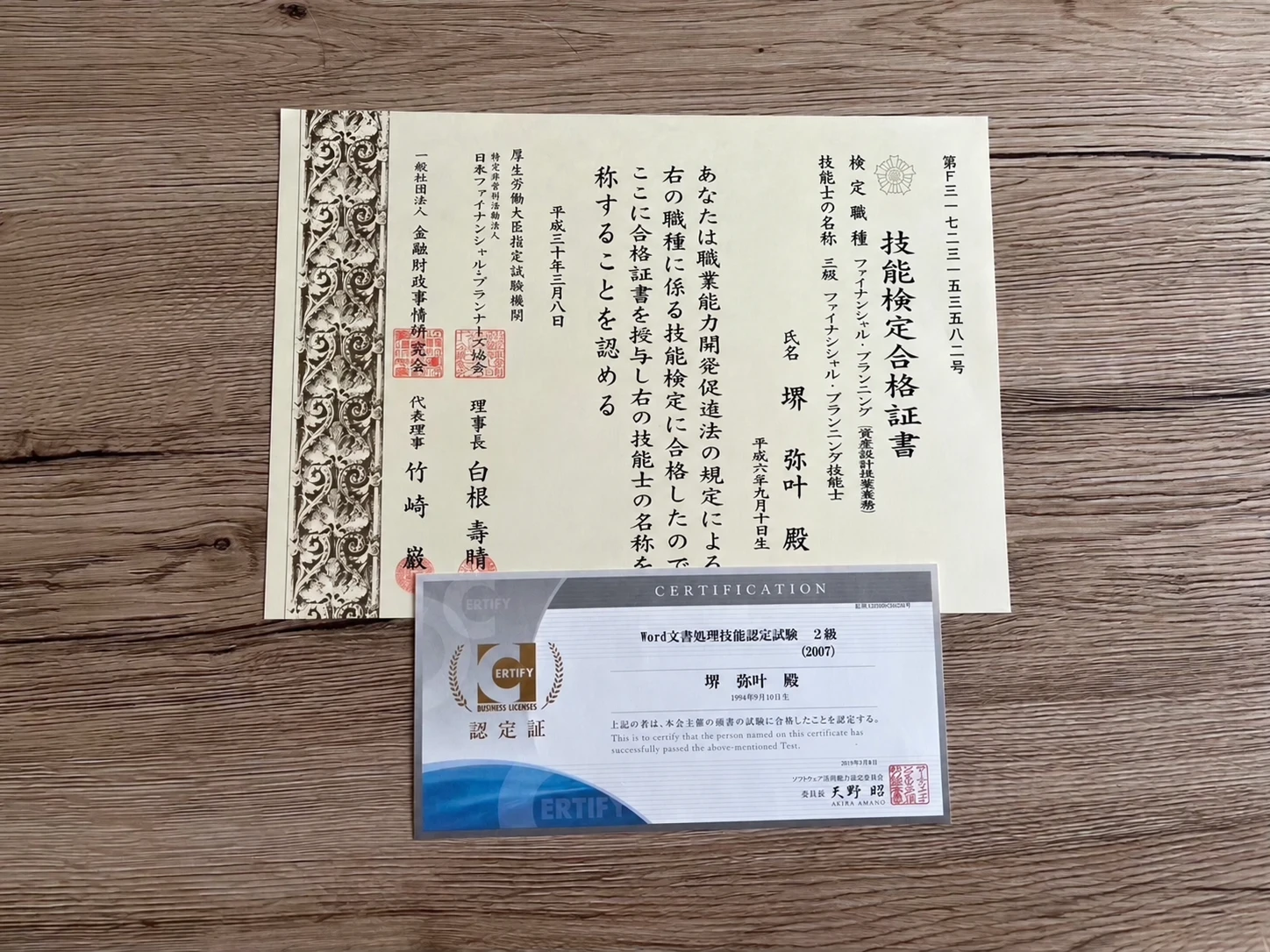 技能士・認定の資格・証書